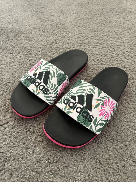adidas Shoes - adidas Black Slide Sandals with Pink Trim and Floral Strap